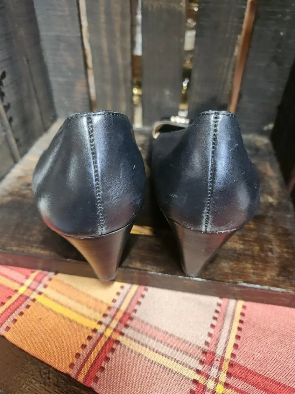 Womens Coach Black Leather Peep Toe Wedge Heels with Gold Badge Sz 9B MSRP $298